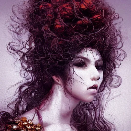 Image similar to portrait of a Shibari rope wrapped face and neck, headshot, insanely nice professional hair style, dramatic hair color, smoke in hair, digital painting, of a old 13th century, traveler, amber jewels, baroque, ornate clothing, scifi, realistic, hyperdetailed, chiaroscuro, concept art, art by Franz Hals and Jon Foster and Ayami Kojima and Amano and Karol Bak,