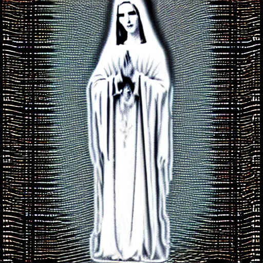 Image similar to vhs static overlay of marian apparition, vhs, 1 9 9 0, highly realistic, highly detailed, vhs noise static, black and white, vhs glitch