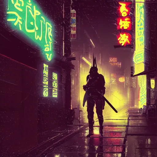 Prompt: illustration of a worn out samurai with katana in his hands that got time travelled to a futuristic colonized Martian city, rainy day, neon glow concept art, sharp focus, cyberpunk 2077, scifi, octane render, art by Ilya Kuvshinov, wallpaper, highly detailed, anime key visual, warm colors, epic landscape, HD digital art, artstation