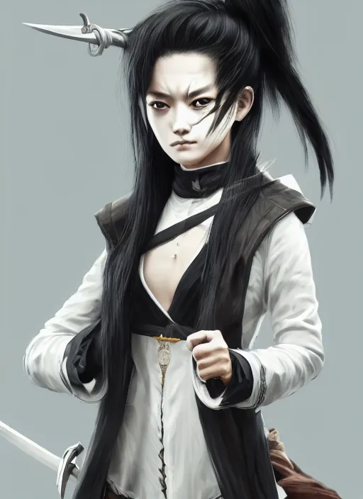 Image similar to a highly detailed illustration of fierce messy ponytail black haired one eyed japanese delinquent woman wearing long white delinquent coat and wearing eyepatch, dramatic wielding paper sword pose, intricate, elegant, highly detailed, centered, digital painting, artstation, concept art, smooth, sharp focus, league of legends concept art, wlop.