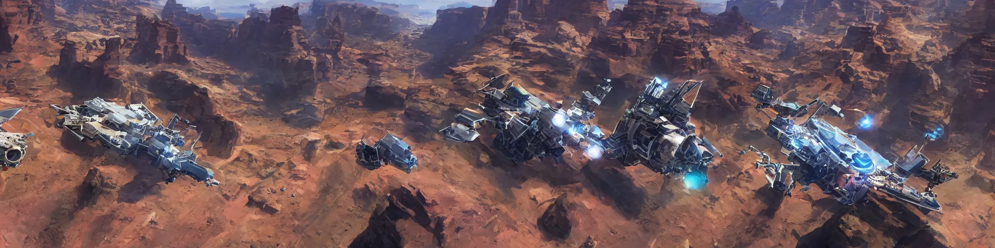 Image similar to spacecraft speed race road into the mountain rocks like grand canyon. Illustration by Blizzard and Ubisoft