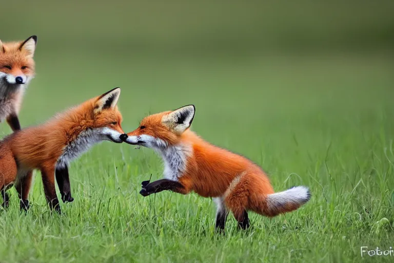 Image similar to Foxes playing in a meadow, fox pups, animal photography, close up shot