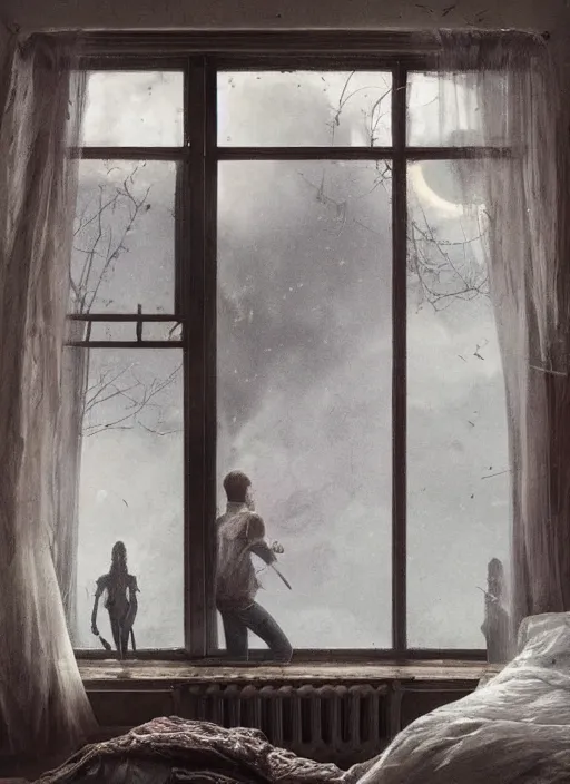 Prompt: a dreary bedroom where the window reveals fantastical scenes of dreams, dreams invading mundane spaces, fantasy infiltrating reality, bubbles of the impossible, swirls of magic, 8k, ultradetailed, illustrated by Greg Rutkowski and Caspar David Friedrich.