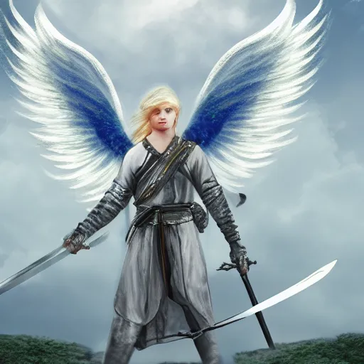 Image similar to angel with big bright white wings, coming down from the sky, holding sword in his arms, hyper realistic, 4 k