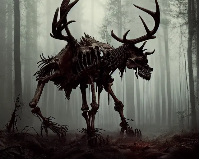 Image similar to 5 5 mm portrait photo of an armored demonic skeleton with antlers, in a magical forest. dark atmosphere. art by greg rutkowski. highly detailed 8 k. intricate. lifelike. soft light. nikon d 8 5 0.