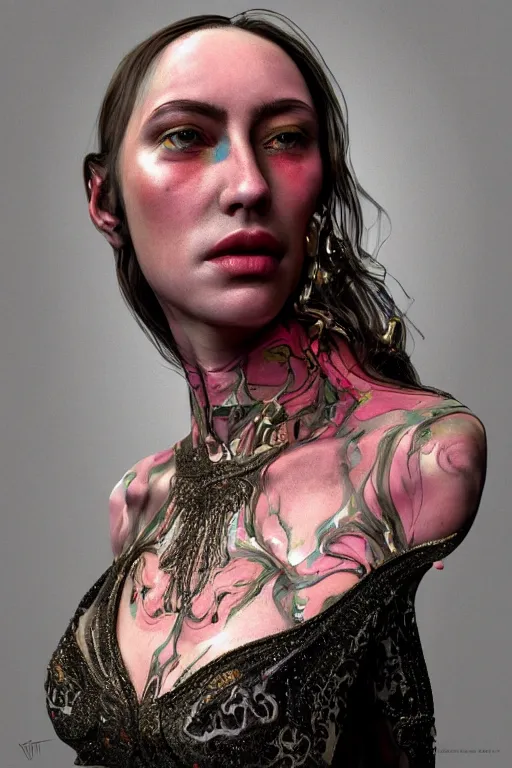 Prompt: hyper-realisti ultra-detailed maximalist and dramatic fullbody female portrait by andrei riabovitchev inspired by igor goryunov. Overpainted by binx.ly 8k realistic. Generative art. Tools used: Blender Cinema4d Houdini3d zbrush. Unreal engine 5 Cinematic. Beautifully lit. No background. artstation. Deviantart. CGsociety.