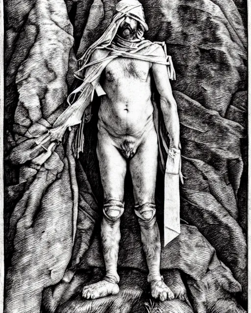 Image similar to a desert druid wearing bandages all over his body, full body, hyper realism, fine details, deviantart artstation, extremely detailed, black and white, very sharp, in the style of albrecht durer, etching,