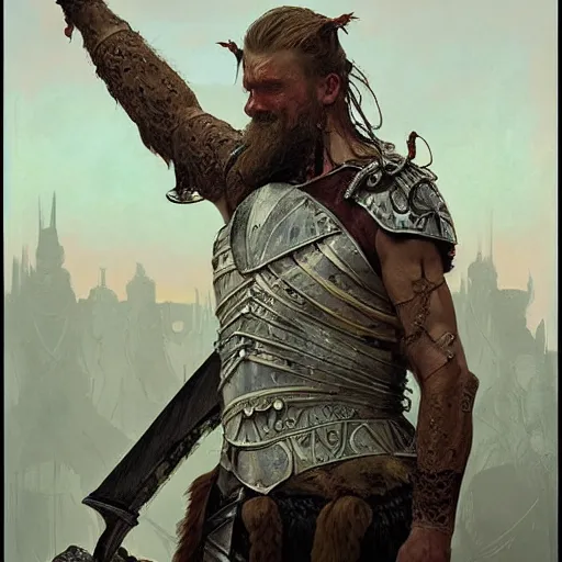 Image similar to rough-skinned, short-bearded undead Viking warrior with ice-pale skin wearing brutalist plate armor with art deco knotwork, by Greg Rutkowski, Brom, and Alphonse Mucha