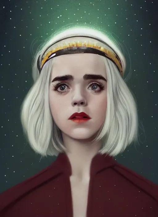 Image similar to portrait of kiernan shipka with freckles, white hair, 1 9 6 0 s bob hairstyle, hairstyle with bangs, 1 9 6 0 s bob hair with bangs and hairband, intricate, elegant, glowing lights, highly detailed, digital painting, artstation, concept art, smooth, sharp focus, illustration, art by wlop, mars ravelo and greg rutkowski