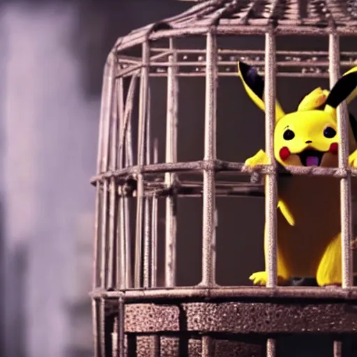 Image similar to stunning awe inspiring pikachu inside a cage with a sad look on its face, movie still 8 k hdr atmospheric lighting