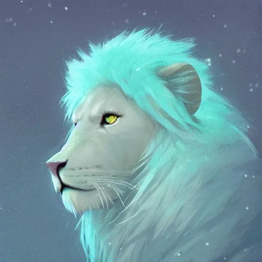Prompt: aesthetic portrait commission of a albino male furry anthro lion wearing a cute mint colored cozy soft pastel winter outfit, winter Atmosphere. Character design by Greg Rutkowski and Thomas Kinkade trending on artstation, detailed, inked, western comic book art, award winning painting