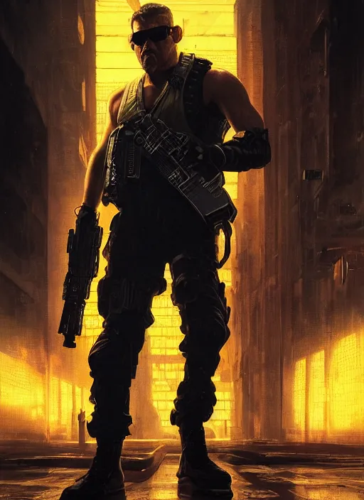 Image similar to duke nukem. cyberpunk mercenary in a military vest ( blade runner 2 0 4 9, cyberpunk 2 0 7 7 ). orientalist portrait by john william waterhouse and james gurney and theodore ralli and nasreddine dinet, oil on canvas. cinematic, hyper realism, realistic proportions, dramatic lighting, high detail 4 k