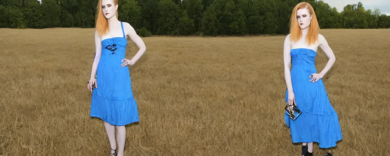 Prompt: evan rachel wood with blonde hair and a maiden blue dress in a field, old west