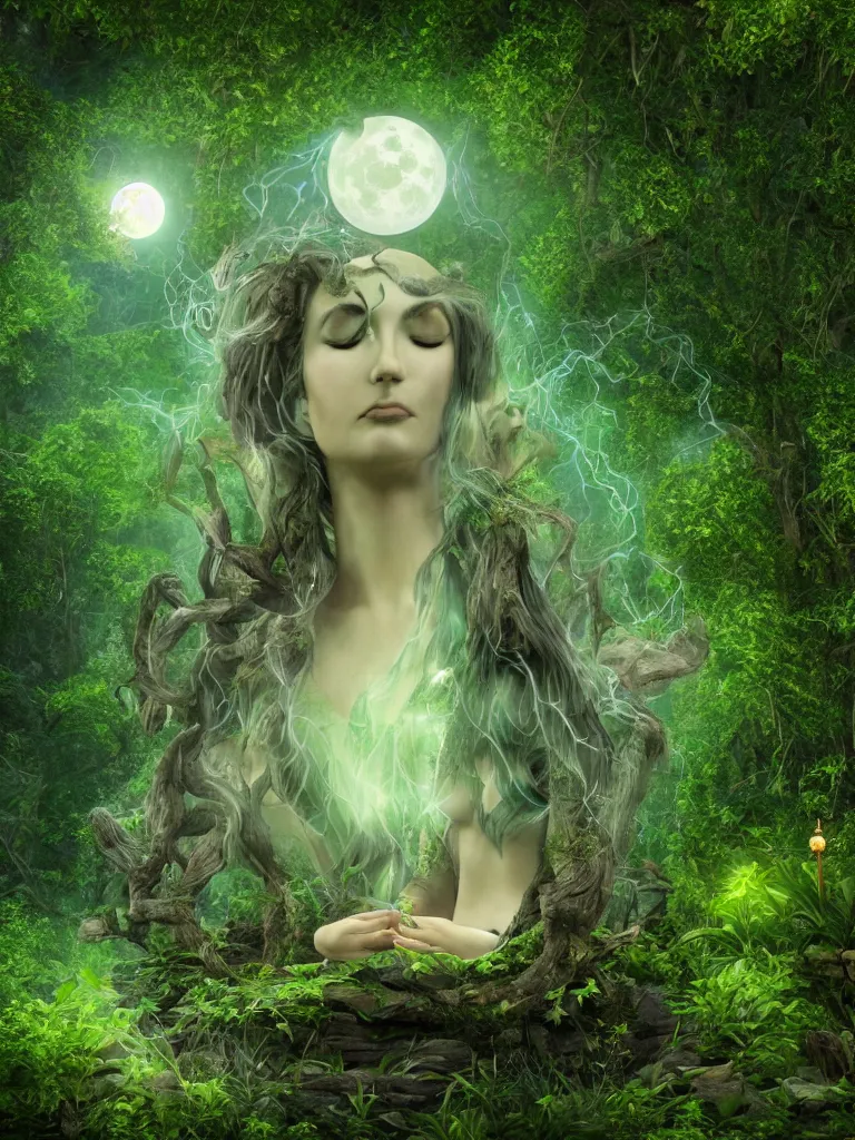 Image similar to an ancient mystical alluring female witch generating flowing energy and surrounded by wisps of green magic sits meditating in a magical overgrown garden temple, large full moon in sky, 3 d, cinema 4 d render, trending on artstation