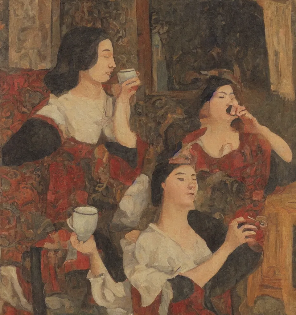 Image similar to rennaisance painting of a woman drinking tea, fine art