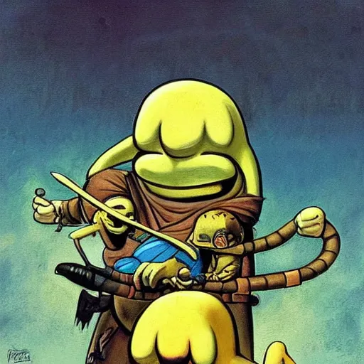 Image similar to “Finn and jake from adventure time, heavy metal dark painting by frank frazetta”