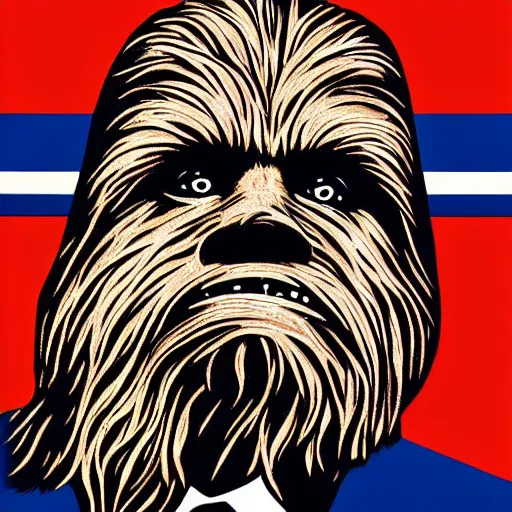 Image similar to chewbacca presidential election poster showing close up of chewbacca face red and blue duotone screenprint by sheperd fairey