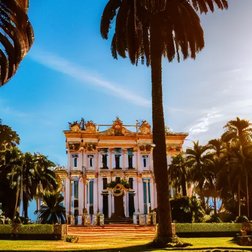 Image similar to a ultradetailed beautiful photo of the amazonas palace, trending on artstation, mediterranean, palm trees, light sparkles, sharp focus, soft light, 8 k 4 k