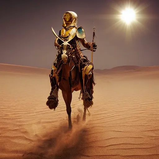 Image similar to illustration, hussar, desert, dusty, natural lighting, golden color of the sun, armor, details, photo realistic, winner of the year's best photo