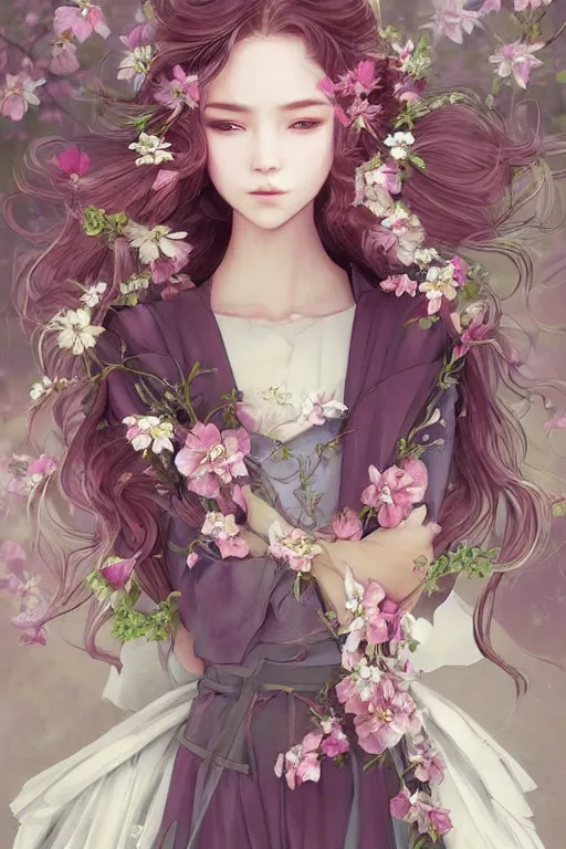 Image similar to romantic and fashion and love princess of the flower with sheath dress, 8 k realistic, teenager girl, baroque, symmetrical, flowing hair, smile, trending pinterest and pixiv, muted colors, hyperrealistic, l close up shot, character concept art, face by kyoung hwan kim, alexandra fomina, ilya kuvshinov