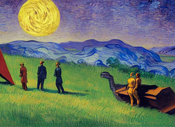 Image similar to painting of the extinction of the dinosaurs with asteroid and fire, in the style of edward hopper and vincent van gogh, dramatic lighting at dusk