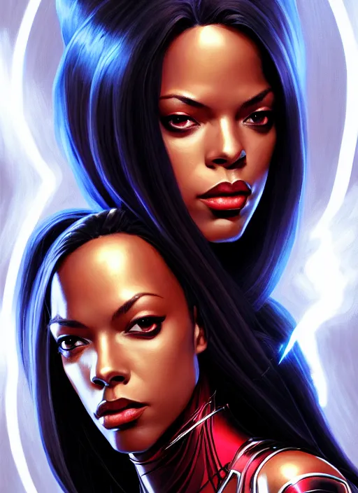 Prompt: portrait of marvel cinematic universe aaliyah haughton, x - men, storm, elegant, electricity archs, lightning strikes, rippling electromagnetic, highly detailed, digital painting, artstation, glamor pose, concept art, smooth, sharp focus, illustration, art by artgerm and greg rutkowski, artey freytag