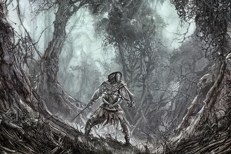 Image similar to paladin in gladiatoral arena , forest clearing, in the style of Greg Broadmore and Arthur Rackham,trending on artstation, light lighting side view,digital art,surrealism ,macro,blueprint ,vaporwave ,