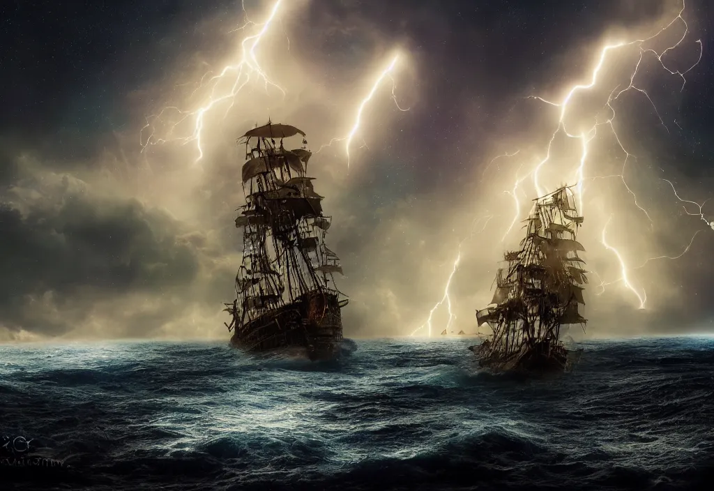 Prompt: photograph of a pirate ship traveling through sea of stars, breathtaking stars, thunderstorm lightning, interstellar, concept art, NASA, 4K, Detailed, HDR