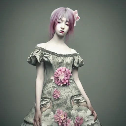 Image similar to 8 k, octane render, realism, tonalism, renaissance, rococo, baroque, portrait of a creepy young lady wearing long - harajuku manga - dress with flowers! and skulls, cotton candy