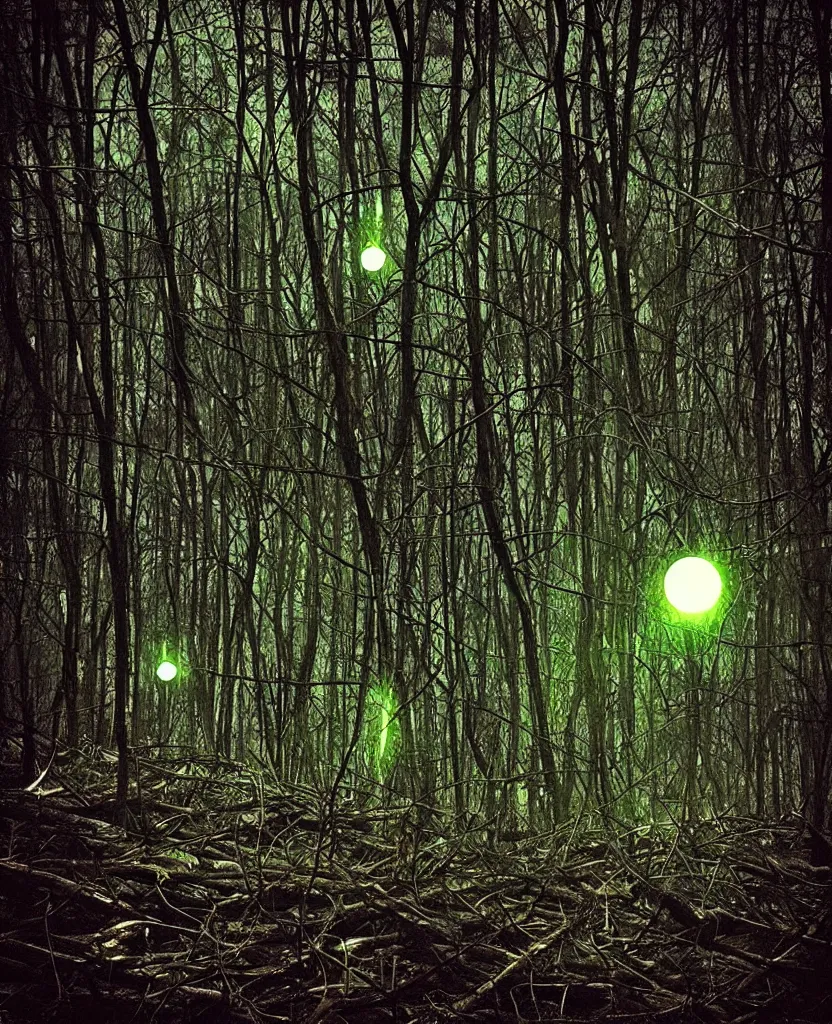 Image similar to “ dense dead forest with glowing orbs, shopping cart ”