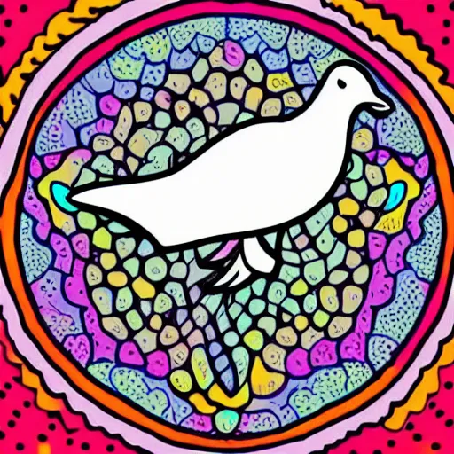 Prompt: dove in an ear canal, flat colors, precise linework, grainy, stippling dot shading, psychodelic