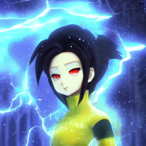 Image similar to portrait focus of Super Saiyan beautiful 3D anime gir !!! posing, lightning aura, frozen ice !! dark forest background, snowing, bokeh, inspired by Masami Kurumada, digital painting, high contrast, unreal engine render, volumetric lighting, high détail