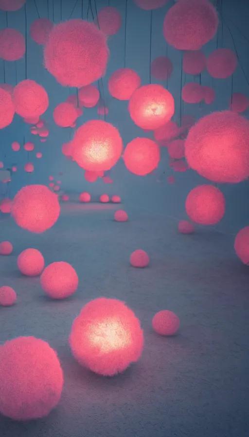 Prompt: a dystopian landscape made of fluffy neon balls, Octane Render, cinematic