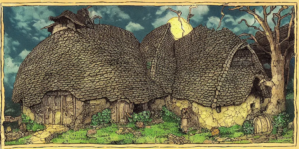 Image similar to house, barn, golem. fable haven by hayao miyazaki : : house, barn, golem