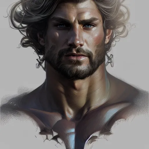 Image similar to portrait of a young rugged male barbarian, handsome, upper body, D&D, muscular, fantasy, intricate, elegant, highly detailed, digital painting, artstation, concept art, smooth, sharp focus, illustration, art by artgerm and greg rutkowski and alphonse mucha