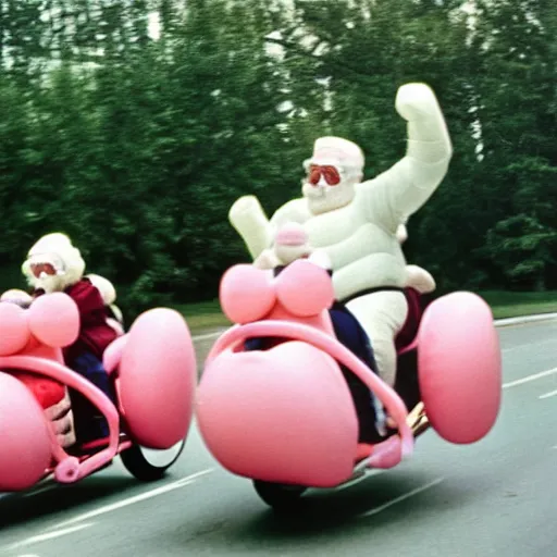 Image similar to a martin parr photo of a grandpa couple, wearing michelin man white body costumes, going super fast on a pink pig, 1 9 7 0 s kodachrome colour photo, flash on camera, w 1 0 2 4