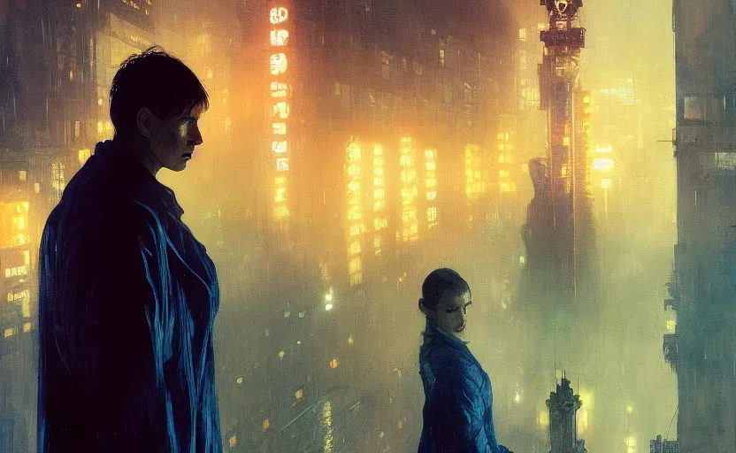 Image similar to 2 0 1 8 blade runner movie still girl look at the cityscape from roof perfect face fine realistic face pretty face neon puffy jacket blue futuristic sci - fi elegant by denis villeneuve tom anders zorn hans dragan bibin thoma greg rutkowski ismail inceoglu illustrated sand storm alphonse mucha