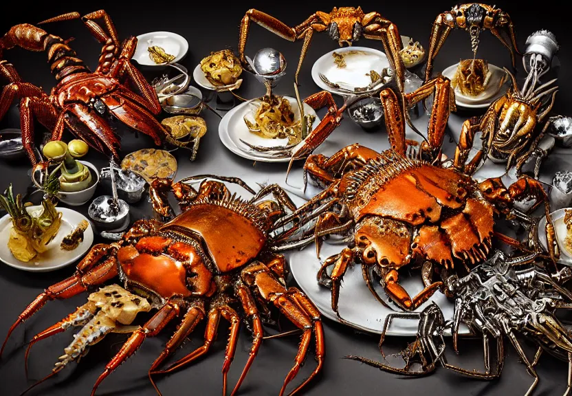 Prompt: an opulent banquet of food on a table covered with golden robot lobster and turquoise clockwork spiders and silver cyborg king crabs and huge gemstone animal skulls. biomechanical giger ’ s xenomorph. the thing. the blob. reclaimed lumber, detailed and intricate environment, hyperrealism, food photography, rembrandt