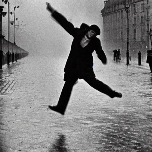 Image similar to the man leaping with an umbrella in a raining paris street, by henri cartier bresson,