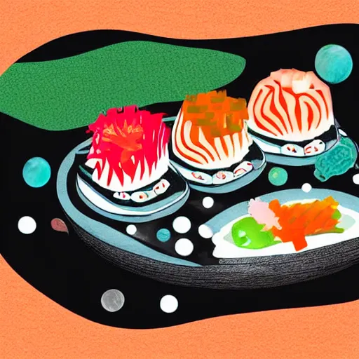 Prompt: digital art of a futuristic sushi platter floating through space