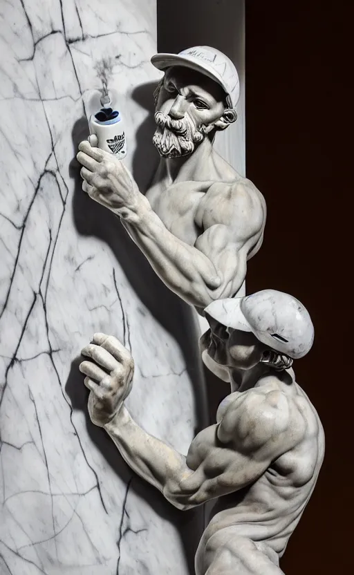 Image similar to sculpture of a graffiti artist holding a spray can by michelangelo, carrara marble, 4 k