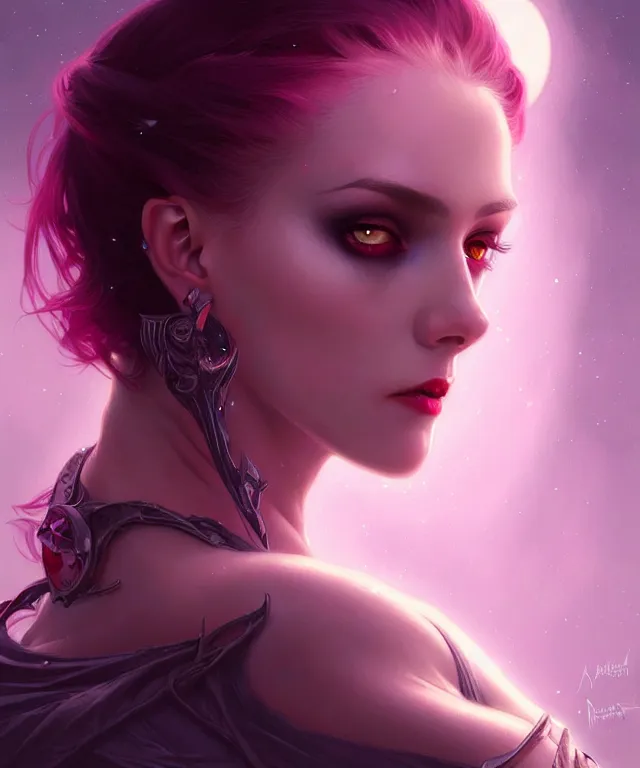 Image similar to Beautiful female vampire, eastern european origin, sci-fi, pink eyes, face, raven hair, fantasy, intricate, elegant, moonlit, highly detailed, digital painting, artstation, concept art, smooth, sharp focus, illustration, art by artgerm and greg rutkowski and alphonse mucha