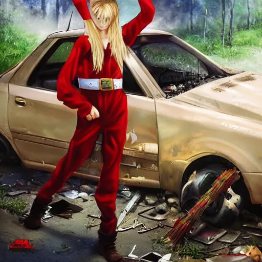 Image similar to a skinny teen as a fantasy elf with spiky blonde hair wearing dark brown overalls and holding a firecracker standing next to a destroyed car, painting by artgerm