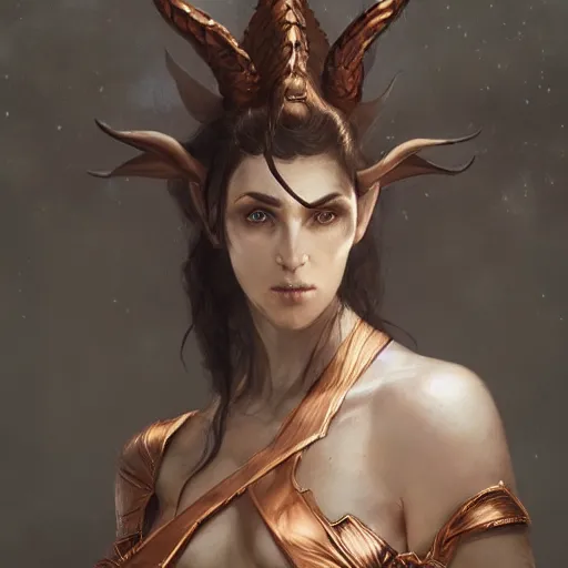 Image similar to A detailed matte painted portrait of an elf woman with small horns of copper and copper dragon scales covering her arm and neck wearing a simple white robe, by greg rutkowski, trending on artstation, dungeon and dragons art