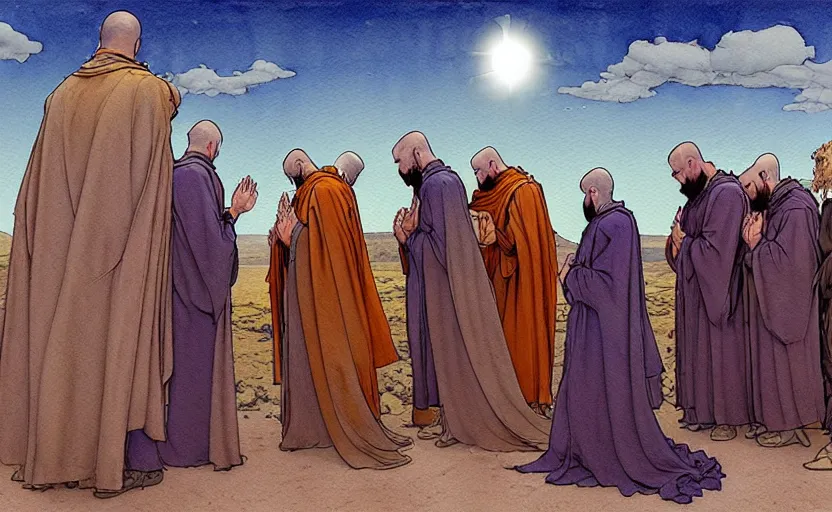 Image similar to a hyperrealist watercolour concept art of a group of medieval monks in grey robes kneeling in prayer on a desert road. a large steampunk ufo is above them in the sky. by rebecca guay, michael kaluta, charles vess and jean moebius giraud. high detail, hq, wide shot