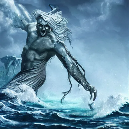 Image similar to Proud and screaming Poseidon rising from the ocean, ready to fight, fantasy art, photorealistic