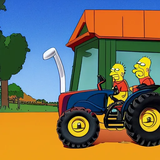 Image similar to A cyclops riding a tractor listening to AirPods in the style of the Simpsons