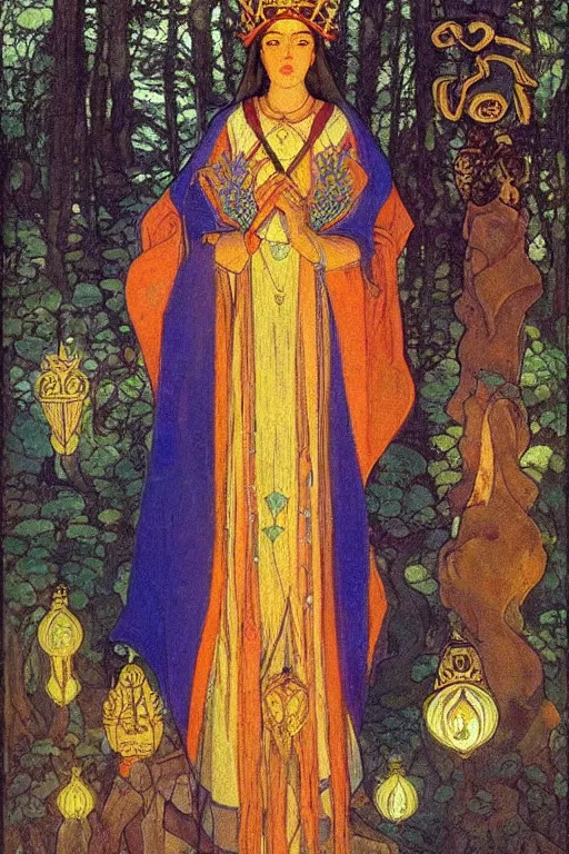 Prompt: queen of the forest with her crown and lantern, by Nicholas Roerich and Annie Swynnerton and Frederick Sandys, dramatic cinematic lighting , ornate headdress , flowing robes, sacred artifacts, lost civilizations, smooth, sharp focus, extremely detailed