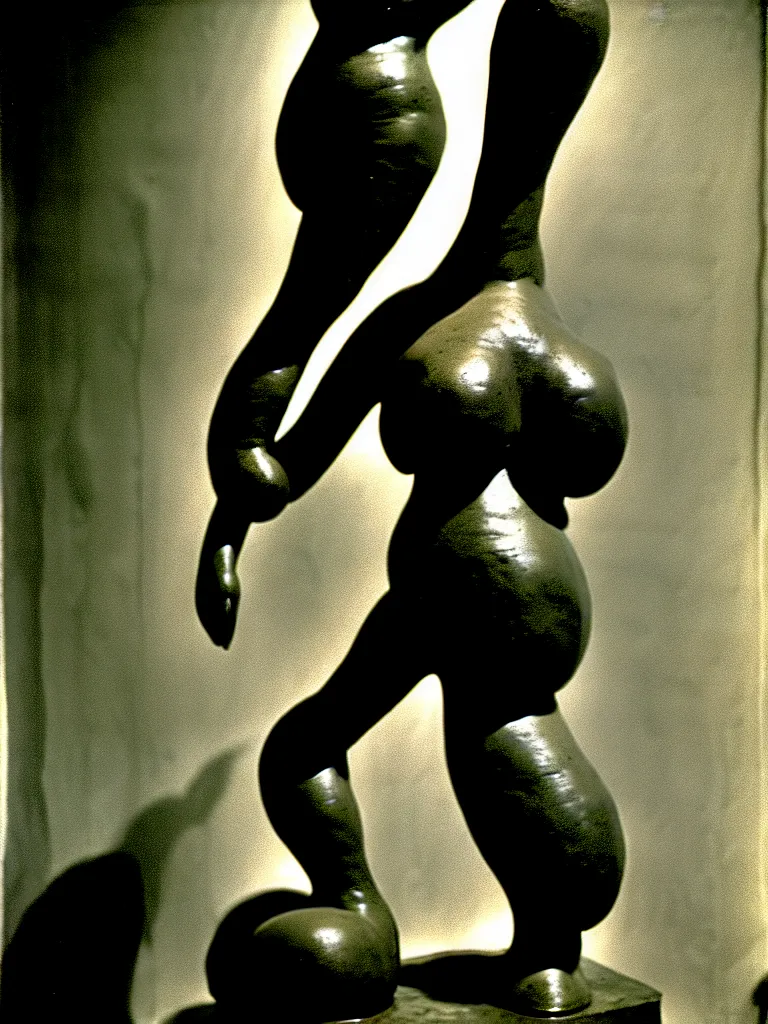 Image similar to extreme harsh lighting antique photograph of biomorphic surreal sculpture of a curvaceous standing figure of enemy of mankind, made of plaster and old circuitry and stained with sumi ink, sculpted by alexander rodchenko and eva hesse, photographed by francesca woodman, tragic grainy shallow depth of field high contrast shocking detail trending on artstation 8 k