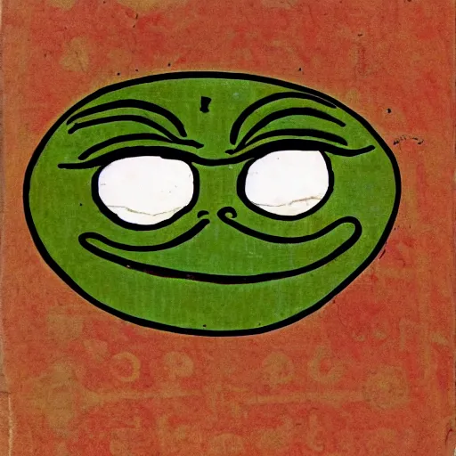 Image similar to ancient manuscript of pepe the frog on papyrus paper, ancient color illustrated, 30BC